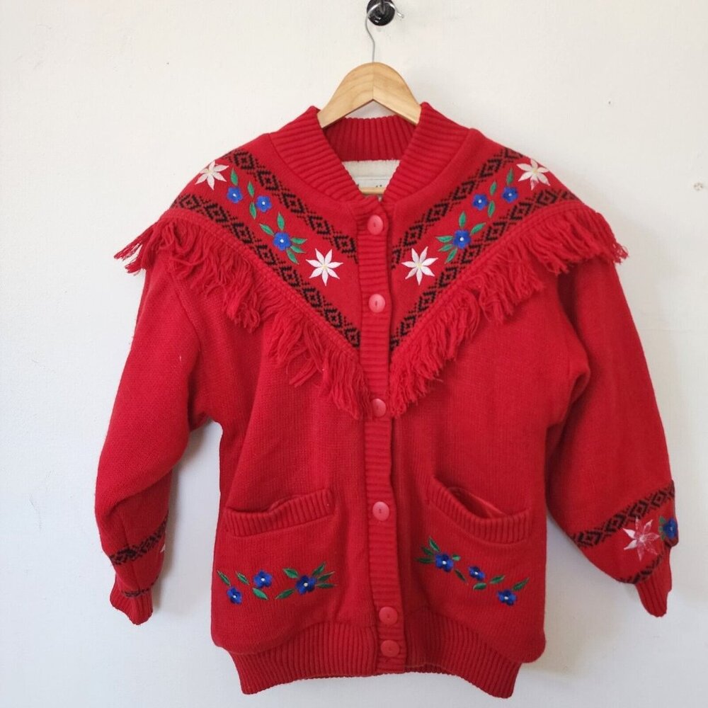 Vintage 80s Red Womens Exotic Fringe Button Down Cardigan Floral Sweater Small